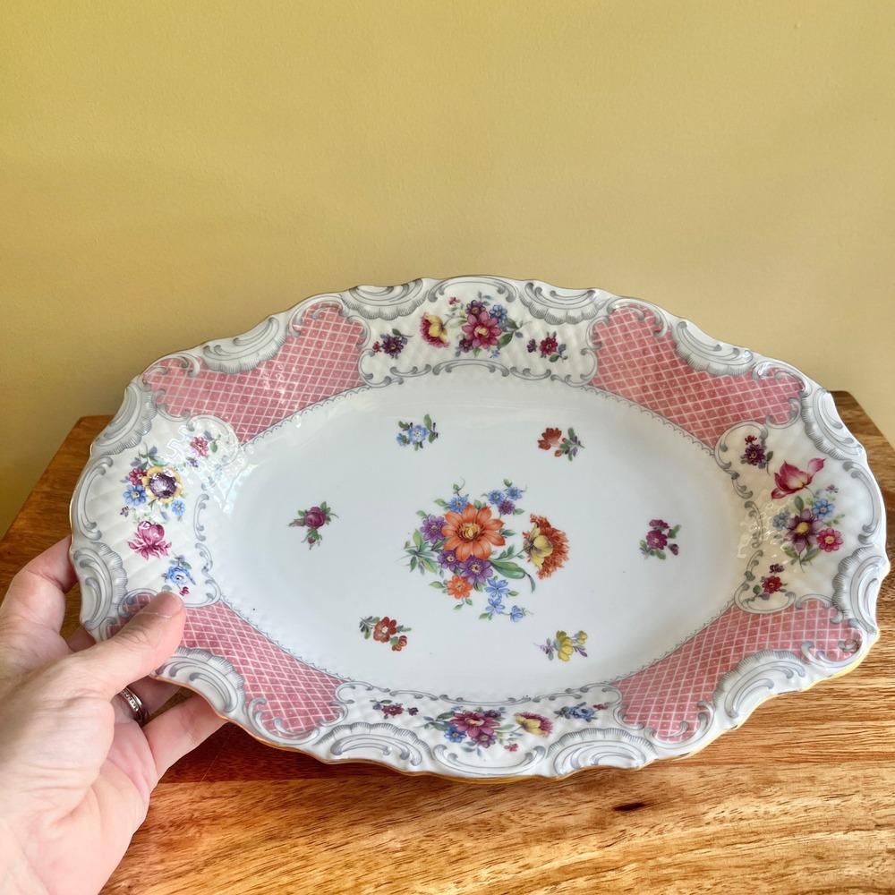 Vintage Schumann Bavaria Serving Platter Oval Floral White Pink Cottage Garden
